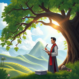 A beautiful and heartfelt illustration depicting Jose Rizal, the national hero of the Philippines, surrounded by elements that symbolize his love for his country