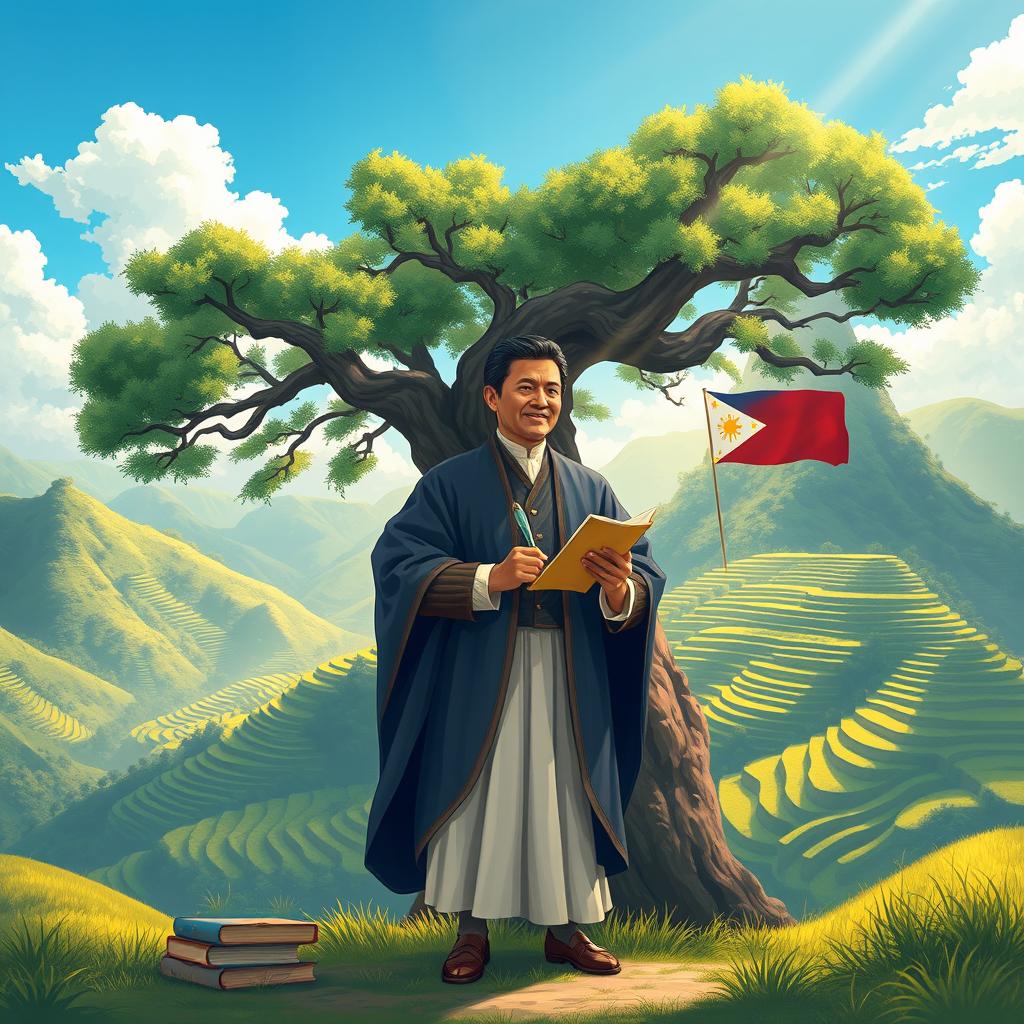 A beautiful and heartfelt illustration depicting Jose Rizal, the national hero of the Philippines, surrounded by elements that symbolize his love for his country