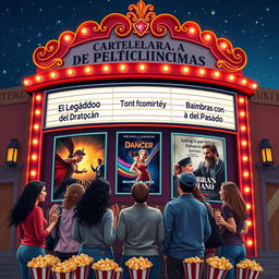 A creative cinema marquee displaying a lineup of fictional movies in Spanish