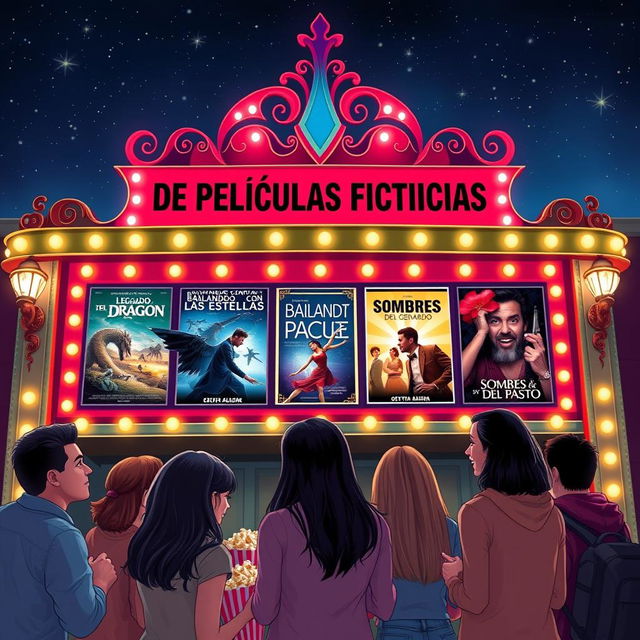 A creative cinema marquee displaying a lineup of fictional movies in Spanish