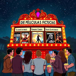 A creative cinema marquee displaying a lineup of fictional movies in Spanish