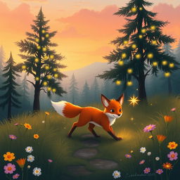 Luna, the small fox with reddish fur and a white tail, returns to the forest at dawn, with the sky painted in shades of orange and pink