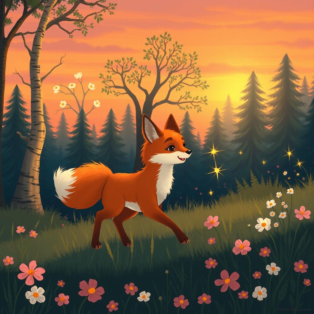 Luna, the small fox with reddish fur and a white tail, returns to the forest at dawn, with the sky painted in shades of orange and pink