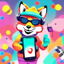 A vibrant digital art image of a fox with a suburban style, engaging in making TikTok videos