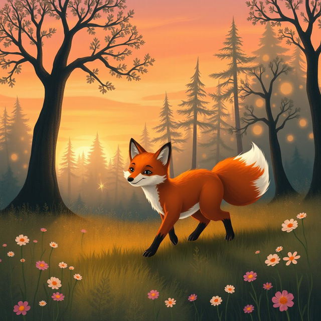 Luna, the small fox with reddish fur and a white tail, returns to the forest at dawn, with the sky painted in shades of orange and pink