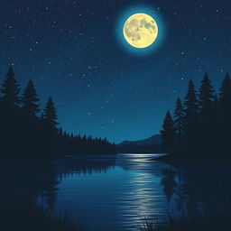 A serene night scene depicting a tranquil landscape under a starry sky