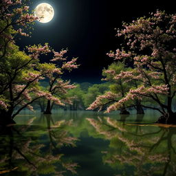 A serene swamp scene featuring lush green trees adorned with beautiful cherry blossoms, creating a picturesque reflection in the water below