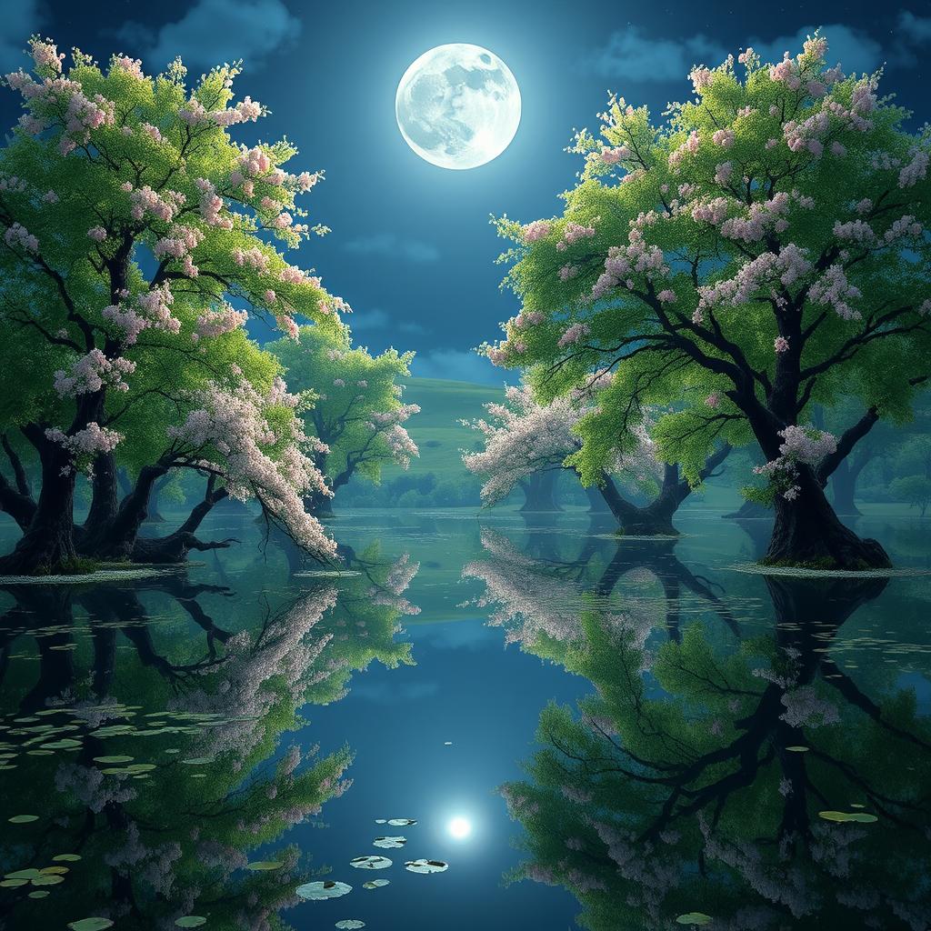 A serene swamp scene featuring lush green trees adorned with beautiful cherry blossoms, creating a picturesque reflection in the water below