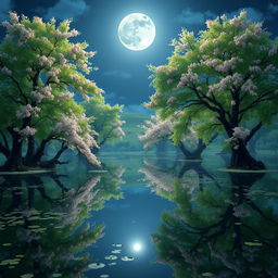 A serene swamp scene featuring lush green trees adorned with beautiful cherry blossoms, creating a picturesque reflection in the water below