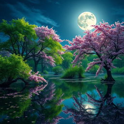 A serene swamp scene featuring lush green trees adorned with beautiful cherry blossoms, creating a picturesque reflection in the water below