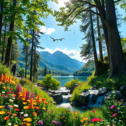 A serene and vibrant landscape showcasing the beauty of nature, featuring lush green mountains in the background, a crystal-clear lake reflecting the blue sky, and a variety of colorful wildflowers in the foreground