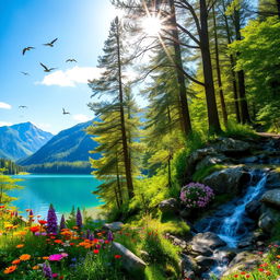 A serene and vibrant landscape showcasing the beauty of nature, featuring lush green mountains in the background, a crystal-clear lake reflecting the blue sky, and a variety of colorful wildflowers in the foreground