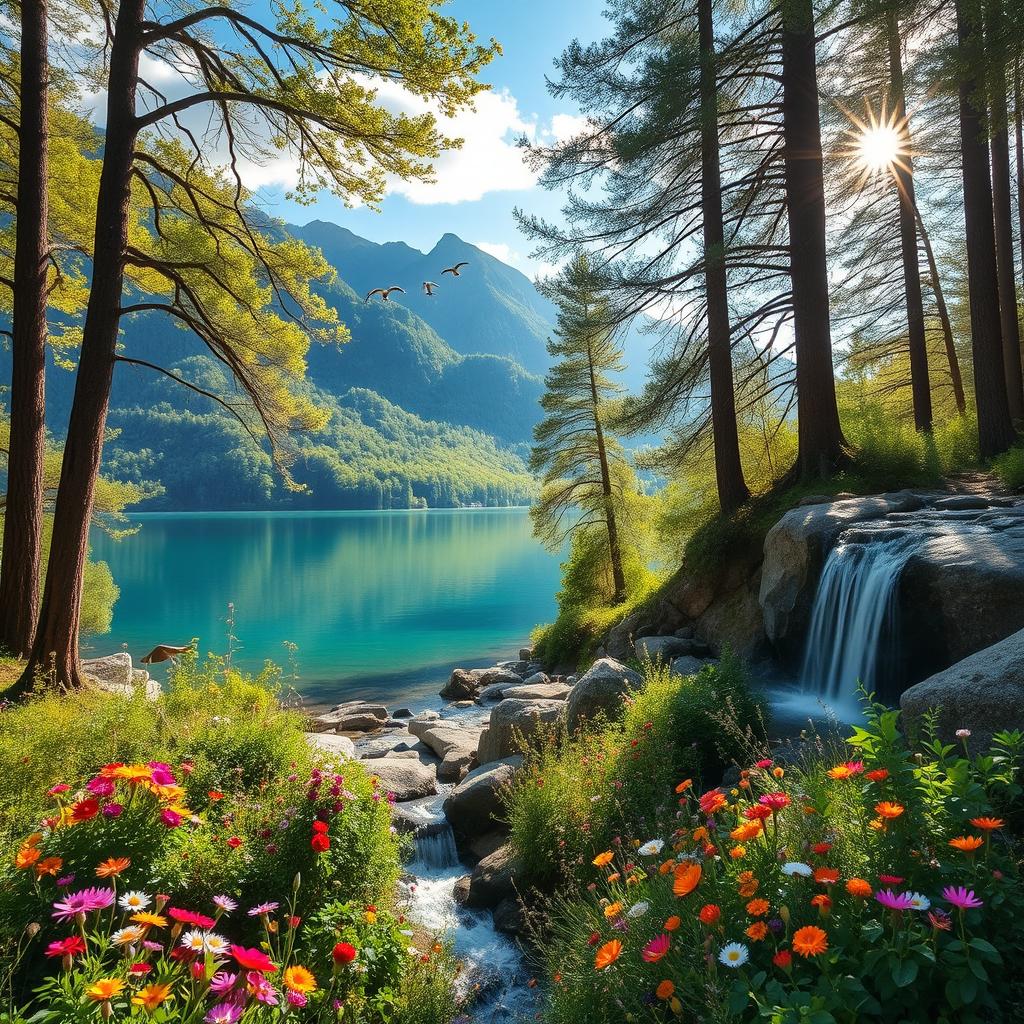 A serene and vibrant landscape showcasing the beauty of nature, featuring lush green mountains in the background, a crystal-clear lake reflecting the blue sky, and a variety of colorful wildflowers in the foreground