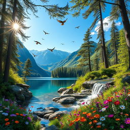 A serene and vibrant landscape showcasing the beauty of nature, featuring lush green mountains in the background, a crystal-clear lake reflecting the blue sky, and a variety of colorful wildflowers in the foreground