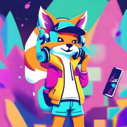 A vibrant digital art image of a fox with a suburban style, engaging in making TikTok videos