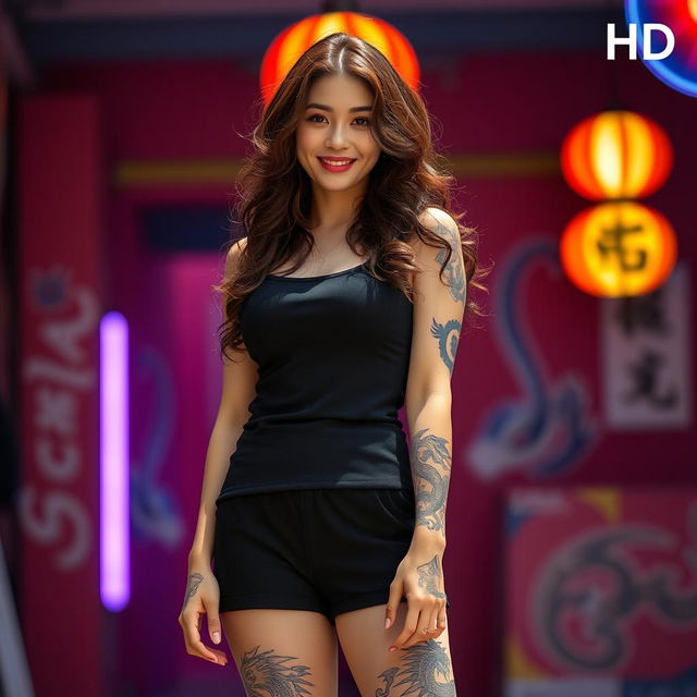 A beautiful Korean woman standing facing the camera, wearing a black tank top and black shorts