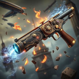 A stunning steampunk-style shotgun adorned with intricate gears and brass accents, emitting a faint magical glow