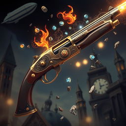 A stunning steampunk-style shotgun adorned with intricate gears and brass accents, emitting a faint magical glow