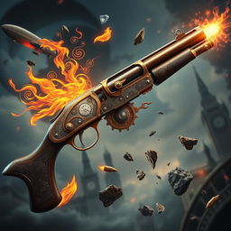 A stunning steampunk-style shotgun adorned with intricate gears and brass accents, emitting a faint magical glow