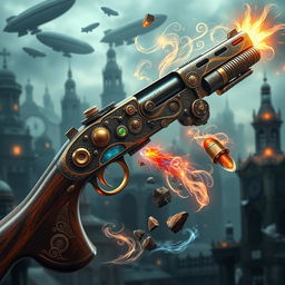 A stunning steampunk-style shotgun adorned with intricate gears and brass accents, emitting a faint magical glow