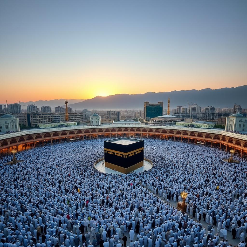 A breathtaking view of Mecca, depicting the Grand Mosque (Masjid al-Haram) with the Kaaba at its center, surrounded by thousands of Muslims in white Ihram clothing performing the Tawaf