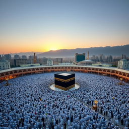 A breathtaking view of Mecca, depicting the Grand Mosque (Masjid al-Haram) with the Kaaba at its center, surrounded by thousands of Muslims in white Ihram clothing performing the Tawaf