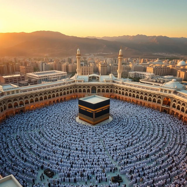 A breathtaking view of Mecca, depicting the Grand Mosque (Masjid al-Haram) with the Kaaba at its center, surrounded by thousands of Muslims in white Ihram clothing performing the Tawaf