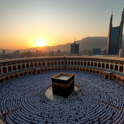 A breathtaking view of Mecca, depicting the Grand Mosque (Masjid al-Haram) with the Kaaba at its center, surrounded by thousands of Muslims in white Ihram clothing performing the Tawaf