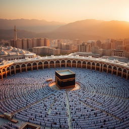 A breathtaking view of Mecca, depicting the Grand Mosque (Masjid al-Haram) with the Kaaba at its center, surrounded by thousands of Muslims in white Ihram clothing performing the Tawaf