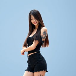 A beautiful Korean woman wearing a black tank top and black shorts, with long straight hair