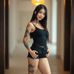 A beautiful Korean woman wearing a black tank top and black shorts, with long straight hair