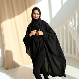 A woman wearing a traditional black chador that covers her head and body, paired with black tights and stylish black high heels