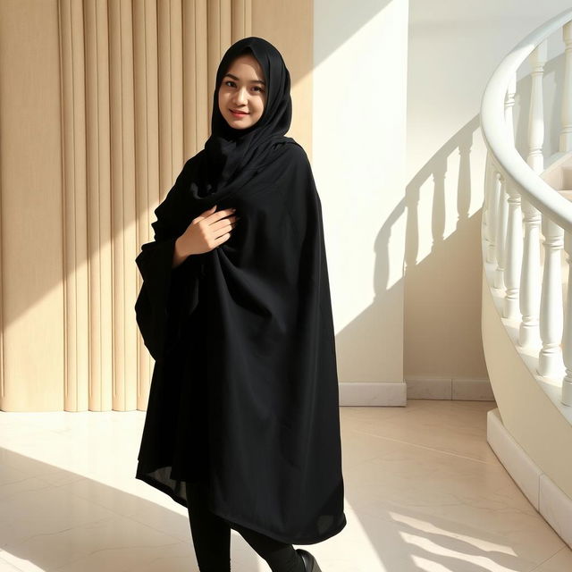 A woman wearing a traditional black chador that covers her head and body, paired with black tights and stylish black high heels