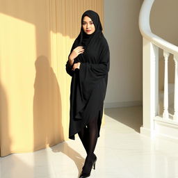 A woman wearing a traditional black chador that covers her head and body, paired with black tights and stylish black high heels