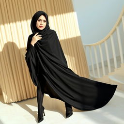 A woman wearing a traditional black chador that covers her head and body, paired with black tights and stylish black high heels