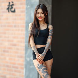 A beautiful Korean woman wearing a black tank top and black shorts, with long straight hair and dragon tattoos on her arms and legs