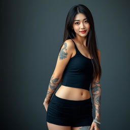 A beautiful Korean woman wearing a black tank top and black shorts, with long straight hair and dragon tattoos on her arms and legs