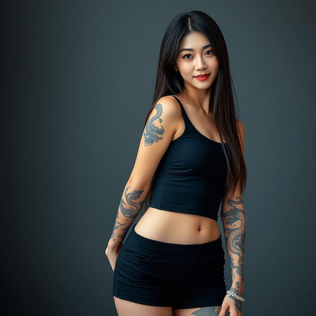 A beautiful Korean woman wearing a black tank top and black shorts, with long straight hair and dragon tattoos on her arms and legs
