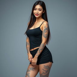 A beautiful Korean woman wearing a black tank top and black shorts, with long straight hair and dragon tattoos on her arms and legs
