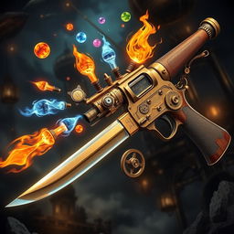 An exquisite steampunk-style shotgun and a matching katana, both imbued with magical powers