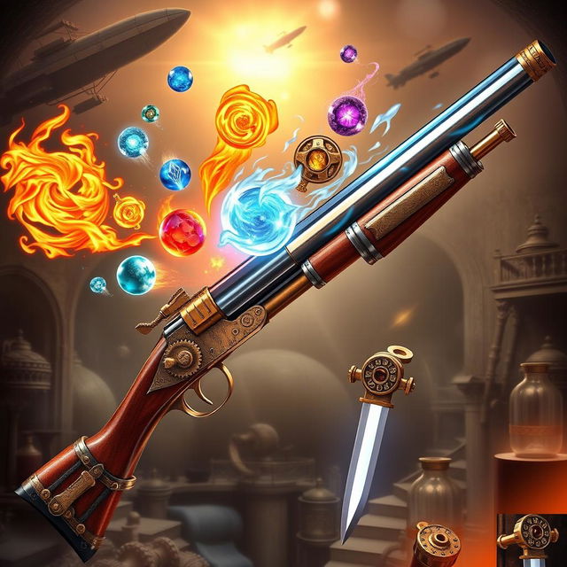 An exquisite steampunk-style shotgun and a matching katana, both imbued with magical powers