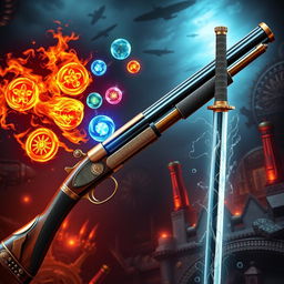 An exquisite steampunk-style shotgun and a matching katana, both imbued with magical powers