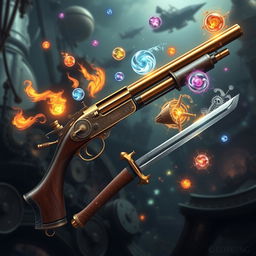 An exquisite steampunk-style shotgun and a matching katana, both imbued with magical powers
