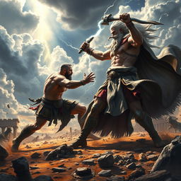 An epic battle scene between Kratos and Zeus, set in a mythological landscape filled with dramatic clouds and thunderous skies