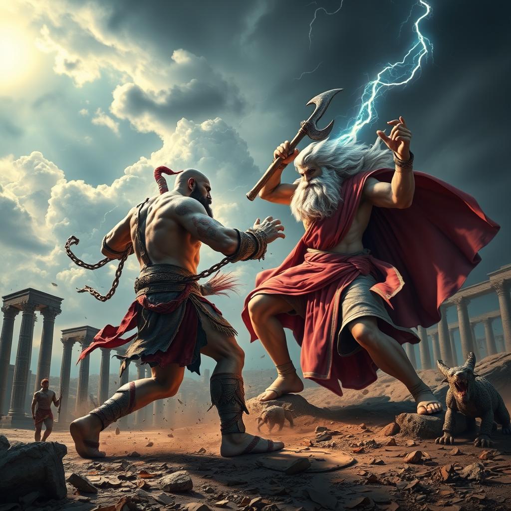 An epic battle scene between Kratos and Zeus, set in a mythological landscape filled with dramatic clouds and thunderous skies