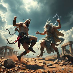An epic battle scene between Kratos and Zeus, set in a mythological landscape filled with dramatic clouds and thunderous skies