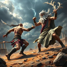 An epic battle scene between Kratos and Zeus, set in a mythological landscape filled with dramatic clouds and thunderous skies