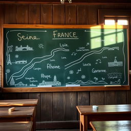 A detailed chalkboard in an old-fashioned schoolhouse showing the four major rivers of France: the Seine, Loire, Rhône, and Garonne