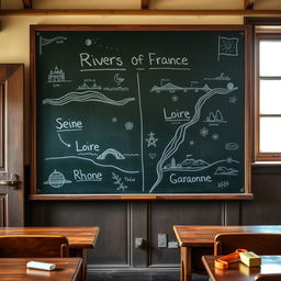 A detailed chalkboard in an old-fashioned schoolhouse showing the four major rivers of France: the Seine, Loire, Rhône, and Garonne