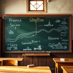 A detailed chalkboard in an old-fashioned schoolhouse showing the four major rivers of France: the Seine, Loire, Rhône, and Garonne